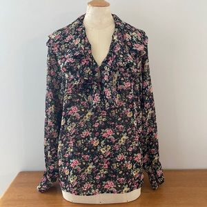 Pretty black,pink & gold floral blouse with ruffled neck and sleeves. Size L